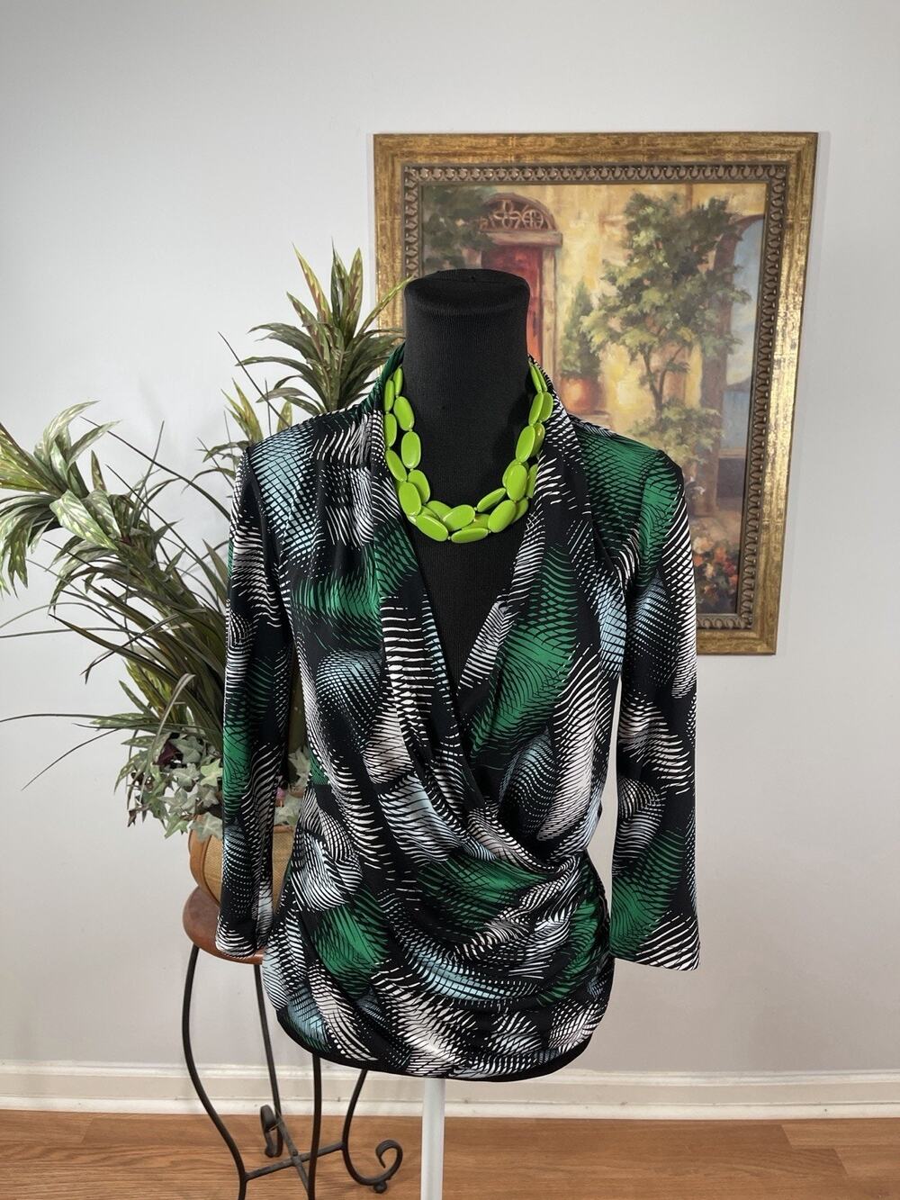 Chaus New York Women Blouse Small Black Abstract Print Ruched Drape Boho Resort